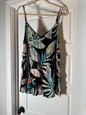 Black Tropical Leaf Print Women's Camisole with Adjustable Straps